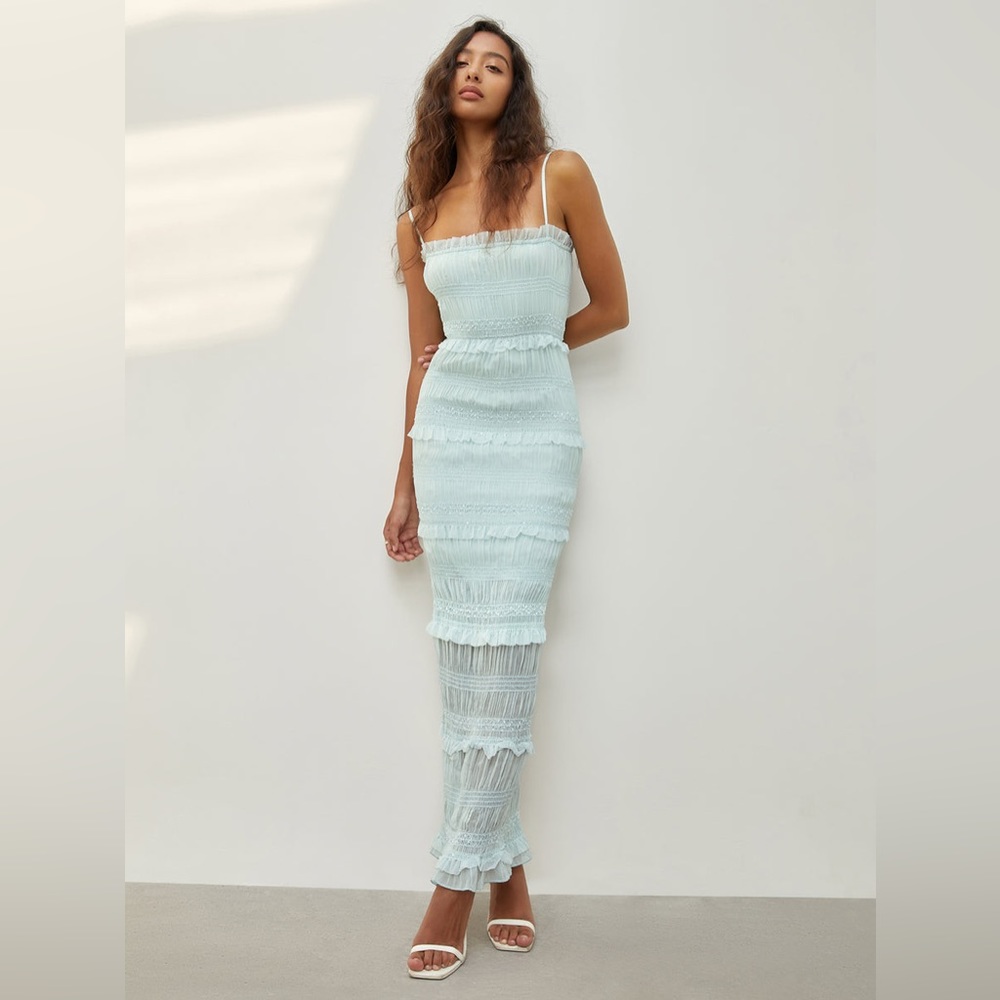 Aegean Ruffle Zippered Midi Dress light blue size XS